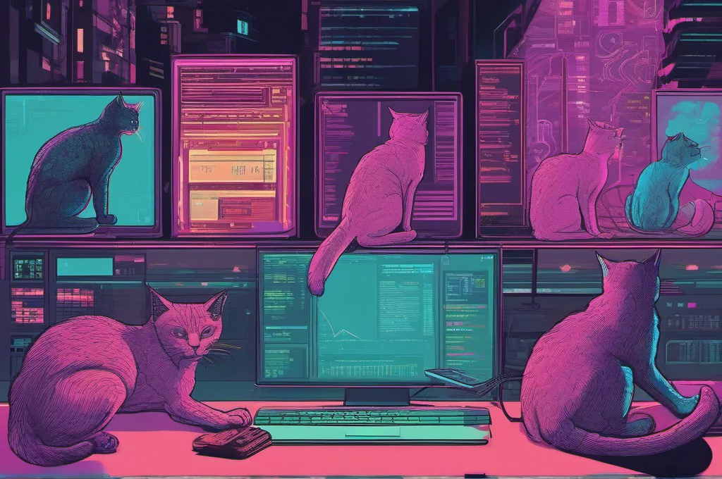 Digital illustration of cyberpunk cats in neon-lit urban scenes, engaged in AI-agent tasks such as coding, debugging, or analyzing data streams. The style features glowing outlines, high contrast, and a vibrant acid-color palette. No brand logos, no invented software screenshots, no legible text.: Top 4 MCP Servers for AI Agent Tooling