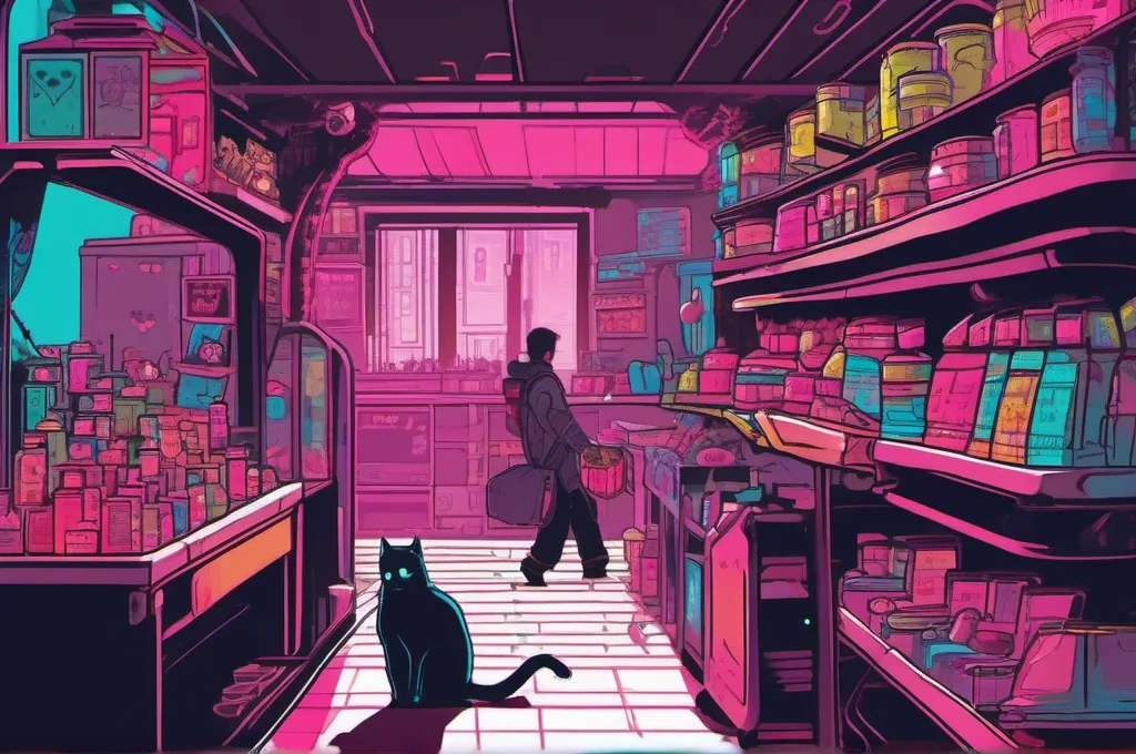 WebVoyager: A winding market aisle threads between a row of open miniature shop stalls. One cyberpunk cat pushes a small wheeled basket along the path toward a simple checkout counter, with distinct wares visible in the stalls. Use a vibrant editorial digital illustration with neon-lit edges; all props and storefronts are unlettered..