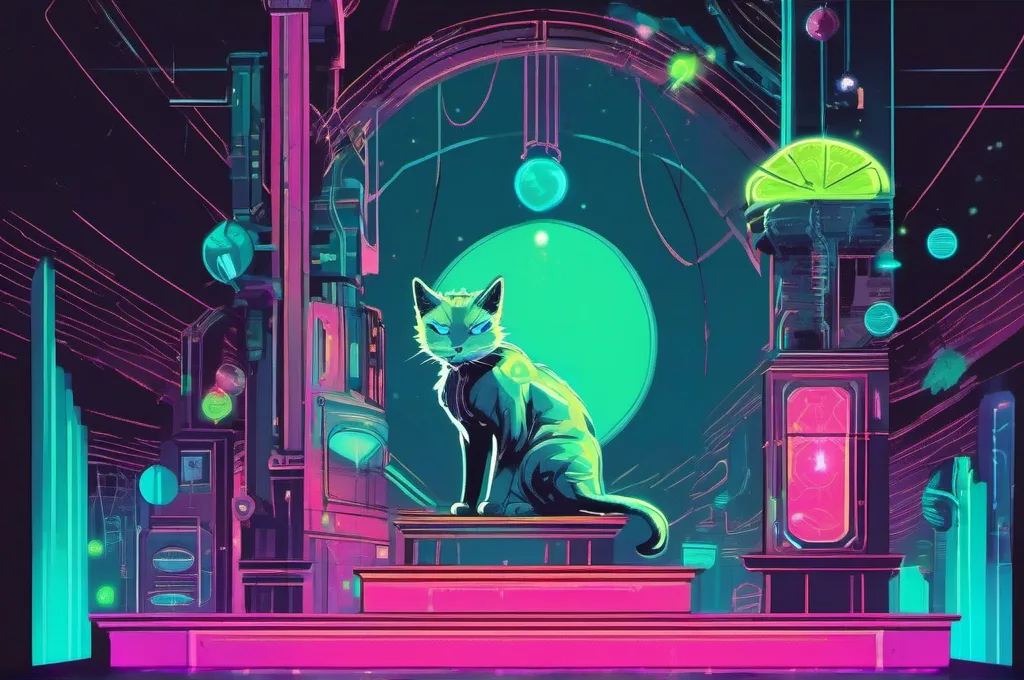 CrewAI: A majestic cyberpunk cat stands atop a glowing cyan podium, holding a bright lime light wand. The cat directs the wand toward several floating, glowing orbs below, guiding their paths and validating their movements in a structured, hierarchical flow..