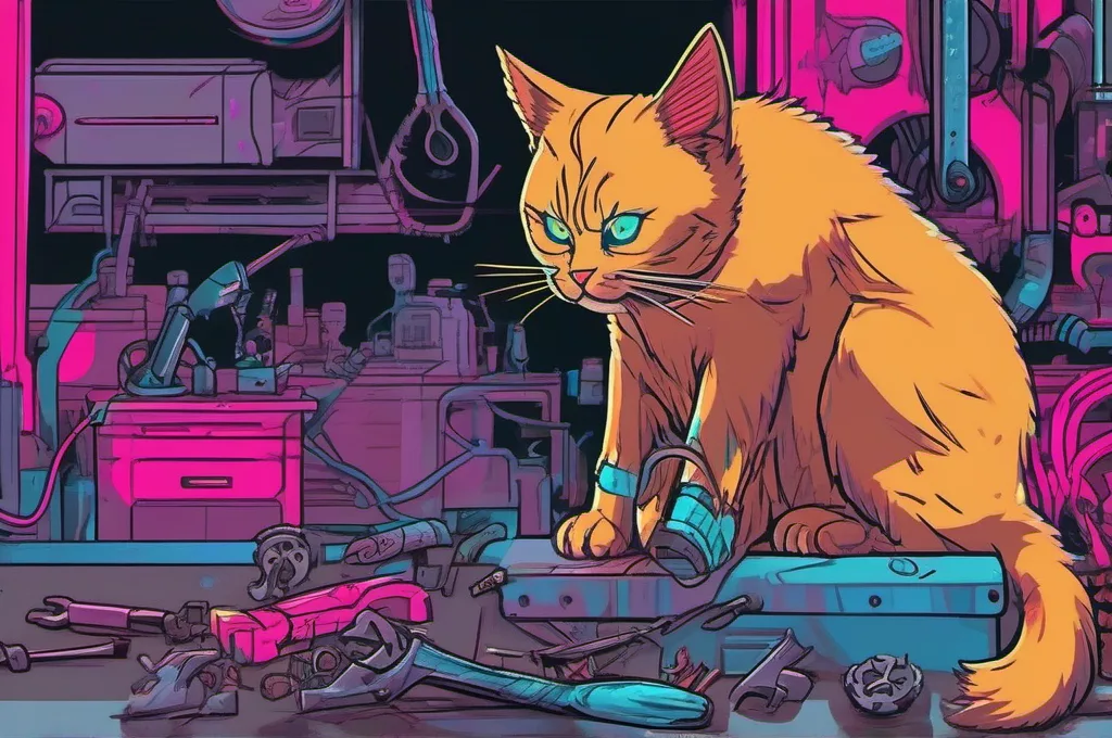 Anthropic Claude API — Claude Sonnet 5.5: A cyberpunk cat lowers a small wrench into the exposed teeth of a compact gearbox on a repair bench. A few solid metal tools rest nearby, all unmarked; vivid neon glows pick out the gears and the cat’s focused pose against the near-black workshop..