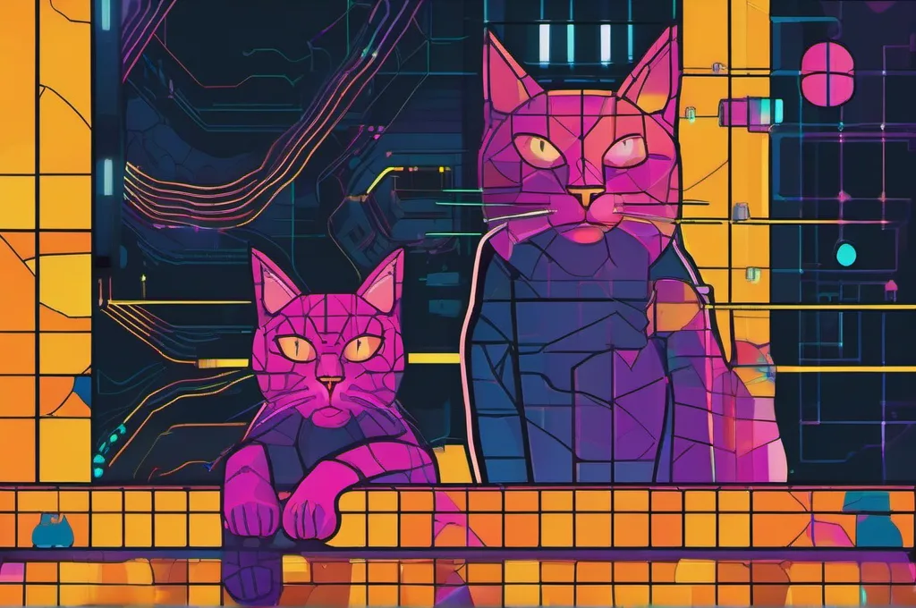 VisualWebArena: A large tactile wall mosaic stands in a shadowy futuristic studio. One cyberpunk cat presses a uniquely shaped glass tile into its matching empty space, the tile fitting neatly into the visible pattern. Show the cat and mosaic in a vibrant editorial digital illustration with subtle neon glows; no lettering anywhere..