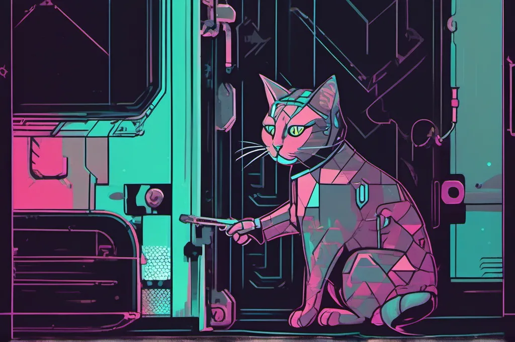 DeepSeek API — deepseek-flash: A cyberpunk cat fits a precisely cut metal key into its matching opening on a heavy lock mounted to a dark workshop door. The key and lock have clean geometric shapes, picked out by sharp neon glows against the near-black setting, with no markings..