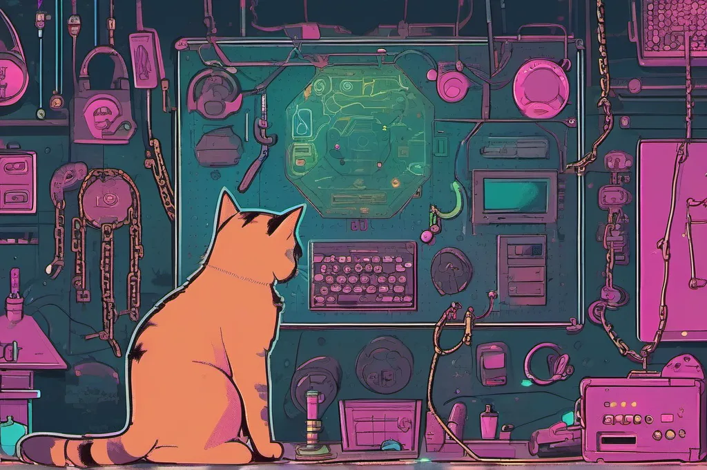Neo4j GraphRAG: A pegboard of interlinked brass rings and small metal objects hangs in a dim workshop as a cyberpunk cat pulls one key free from the connected chain. The neighboring rings visibly link the key to several different objects, while the cat makes one clear retrieval. Every surface is plain and unmarked, with no writing..