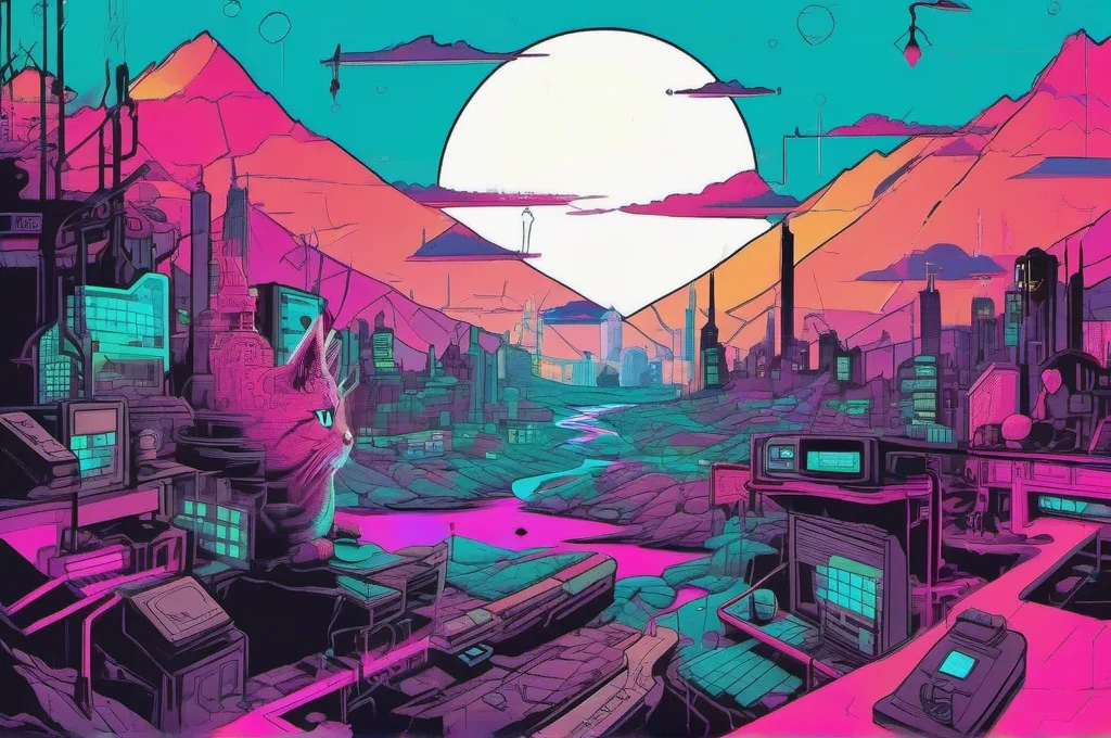 Microsoft GraphRAG: A broad, unmarked jigsaw landscape covers a dark studio floor as a cyberpunk cat presses one final piece into the larger picture. The assembled puzzle shows connected hills, rivers, and paths across its surface, with no words or symbols. A vivid neon glow outlines the cat and puzzle pieces..