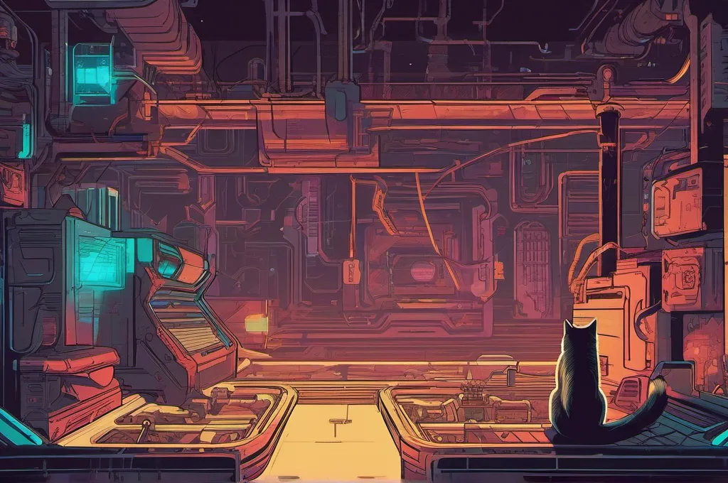 WebArena-Verified: A clear-walled brass sorting maze fills a dark, futuristic workshop. One cyberpunk cat nudges a small parcel into a perfectly fitted end bay, where it settles flush among the mechanical rails. Render as a vibrant editorial digital illustration with crisp shapes and subtle neon glows; keep every surface free of lettering..
