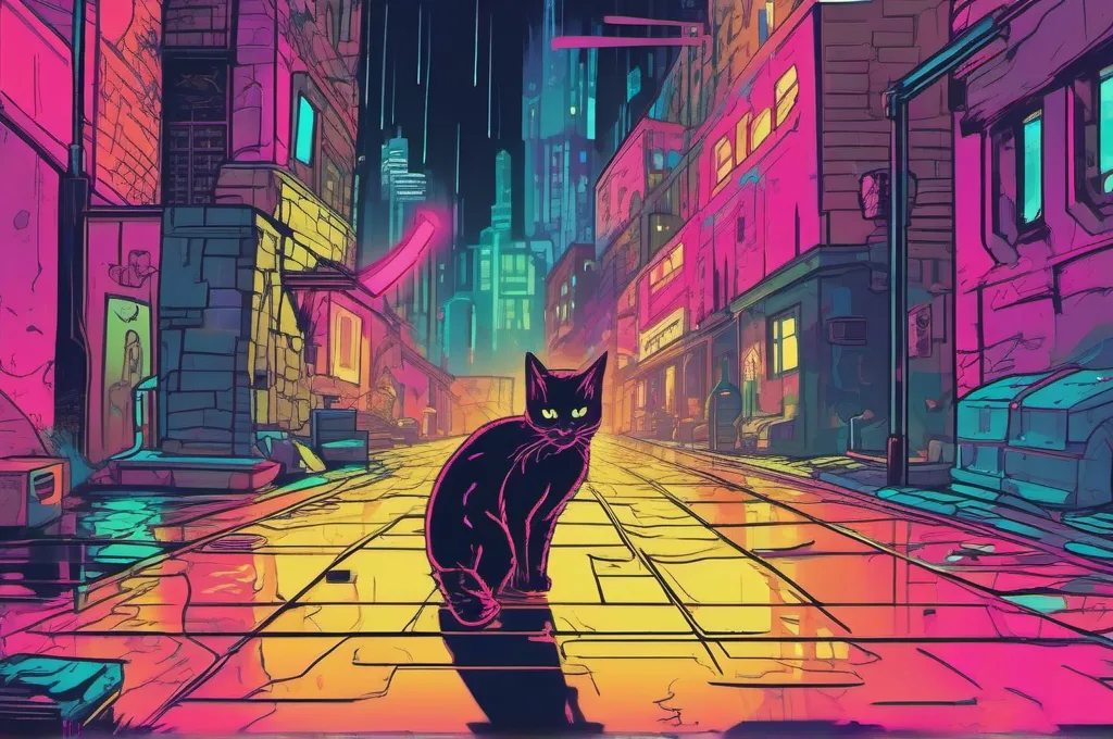 DeepEval: A chain of uneven stone stepping-stones crosses a rain-slick alley. One cyberpunk cat leaps from one stone toward the next, caught midair against a dark city wall and vivid neon glow. Keep the route clear and uncluttered, with no lettering or signs..
