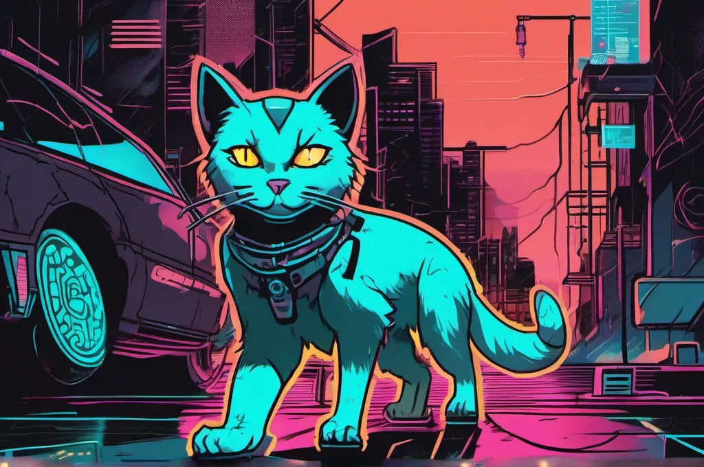 LangChain: A cyberpunk cat with glowing neon fur steps sequentially on a row of luminous cyan pressure plates set into a dark, wet asphalt street. Each plate flashes brightly as the cat's paw presses it, guiding the path forward in a rhythmic, glowing loop toward a shadowy doorway..