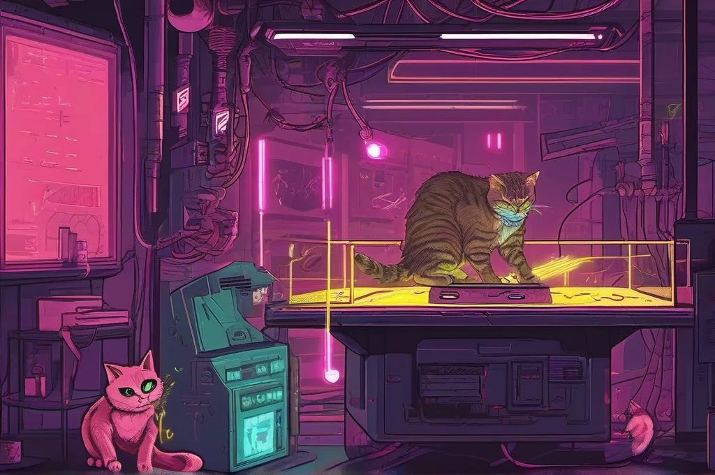 Promptfoo: A miniature brass obstacle course with hinged gates and a padded dead end fills a dim workshop table. One cyberpunk cat presses a spring-loaded gate with its paw, testing the narrow passage under sharp neon light. The course has no labels, numbers, or writing..