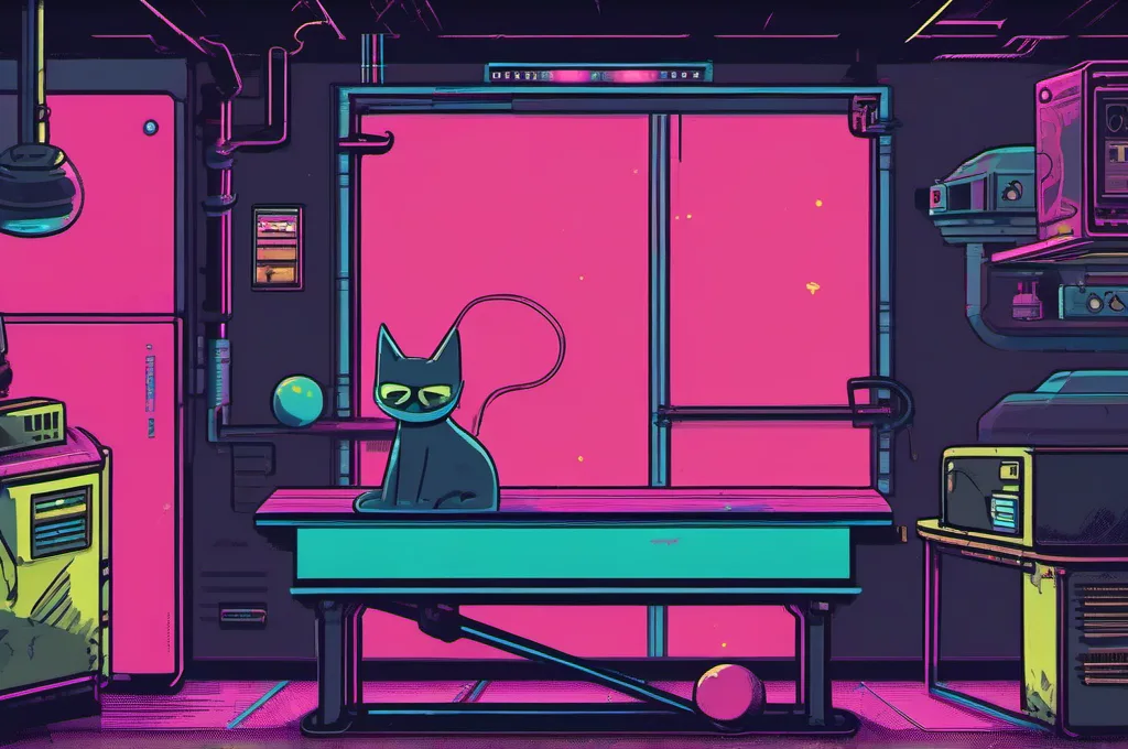 Haystack: A compact looping conveyor belt curves around a dark workshop bench as a cyberpunk cat guides one metal ball toward a padded catch pocket. The ball’s path visibly circles back before reaching the pocket, and the cat’s paw holds it at the stopping point. All parts are unmarked, with no writing..