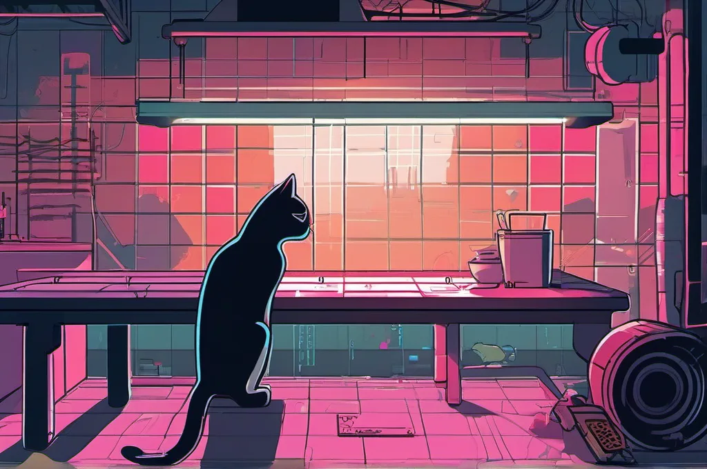 Supabase MCP Server: A tidy grid of smooth wooden tiles covers a sturdy workbench. One cyberpunk cat sets a single tile into an empty space in the grid, with bright neon reflections against a near-black workshop. The tiles have no markings, and the scene is uncluttered..