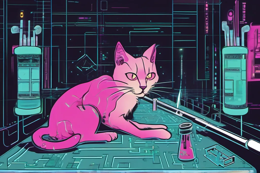 Arize Phoenix: A branching glass-tube maze rests on a shadowy laboratory table, with one bead caught at a fork. One cyberpunk cat peers through a brass magnifying lens at the tangled route, surrounded by subtle neon reflections. The tubes and lens are completely unmarked..