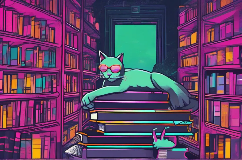 AssistantBench: A tall, winding library shelf rises through a dim, futuristic reading room. One cyberpunk cat pulls a single bright-edged book from a crowded row of varied volumes, carefully selecting it with one paw. Render as a vibrant editorial digital illustration with neon accents; leave every book spine and surface blank..