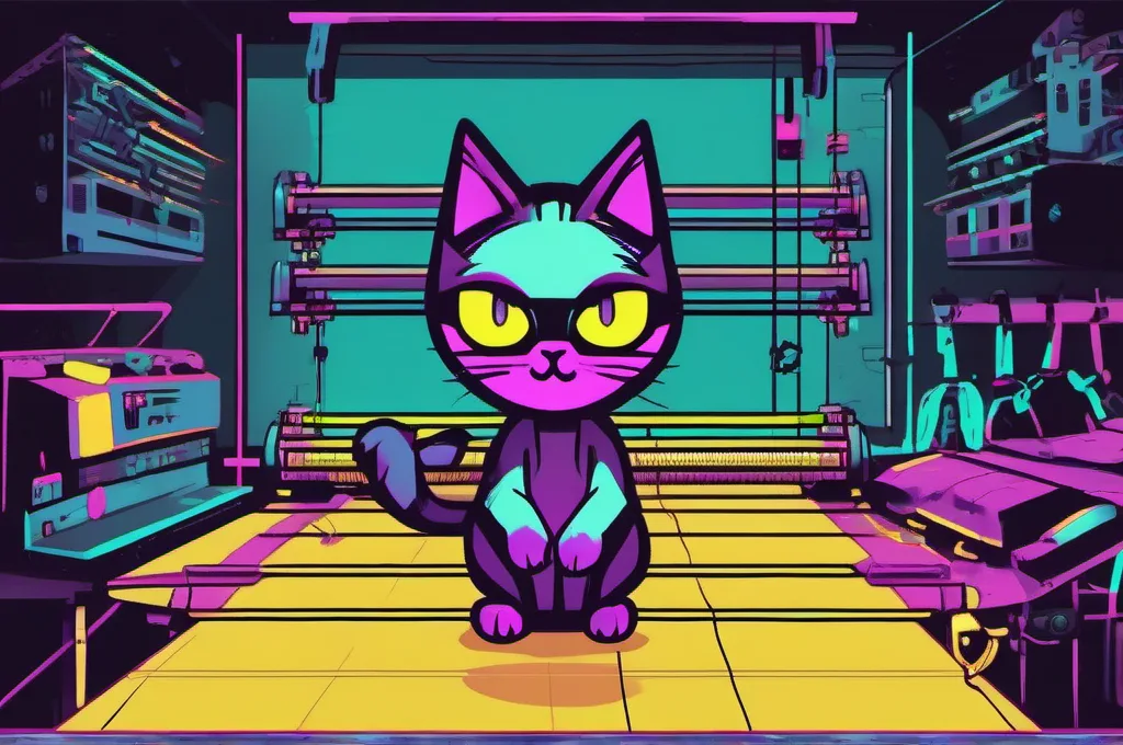 Mistral API — Mistral Medium 3.5: A cyberpunk cat presses the broad pedal of a sturdy loom in a dark textile workshop, sending several shuttles through parallel rows of bright thread. The simple loom fills the frame, with vivid neon glows on its moving parts and no lettering on its surfaces..
