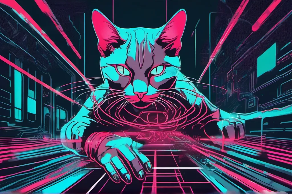 OpenAI Agents SDK: A cyberpunk cat wearing a glowing cyan gauntlet leaps through a series of suspended neon rings. Each ring represents a tool activation, but a faint red neon counter on the gauntlet counts down the remaining leaps, signaling a hard stop if the limit is reached..