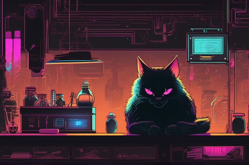 LangSmith: A wooden comparison board with two parallel rows of carved shapes sits on a dark workbench. One cyberpunk cat places a glowing glass token beside its exact twin, beneath crisp neon workshop light. The board and every piece are blank, with no marks or writing..