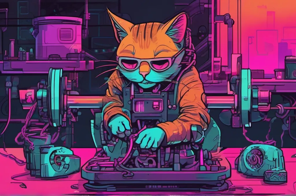 WorkArena++: A compact chain of interlocking workshop gears sits on a sturdy table. One cyberpunk cat turns a large handwheel with its paw, setting the linked gears in motion and lifting a small hanging basket. Use a vibrant editorial digital illustration with subtle neon glows; keep the machinery entirely unlettered..