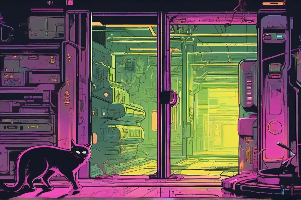 LangGraph: A branching brass track fills a dim workshop as a cyberpunk cat pushes one glowing bead toward a pivoting gate. Several physical paths split and rejoin around the track, with the gate visibly directing the bead onward. The scene has crisp neon glows, plain unmarked surfaces, and no writing..